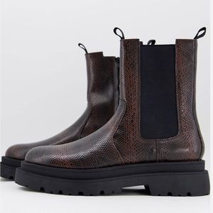 ASOS DESIGN calf length chelsea boot in brown faux snake with black sole